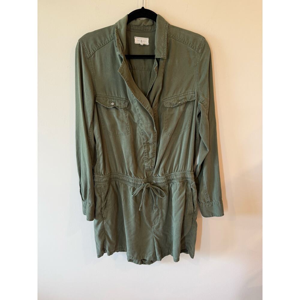Lou & Grey Long Sleeve Collar Tie Waist Shirt Romper Green Women's Size Medium